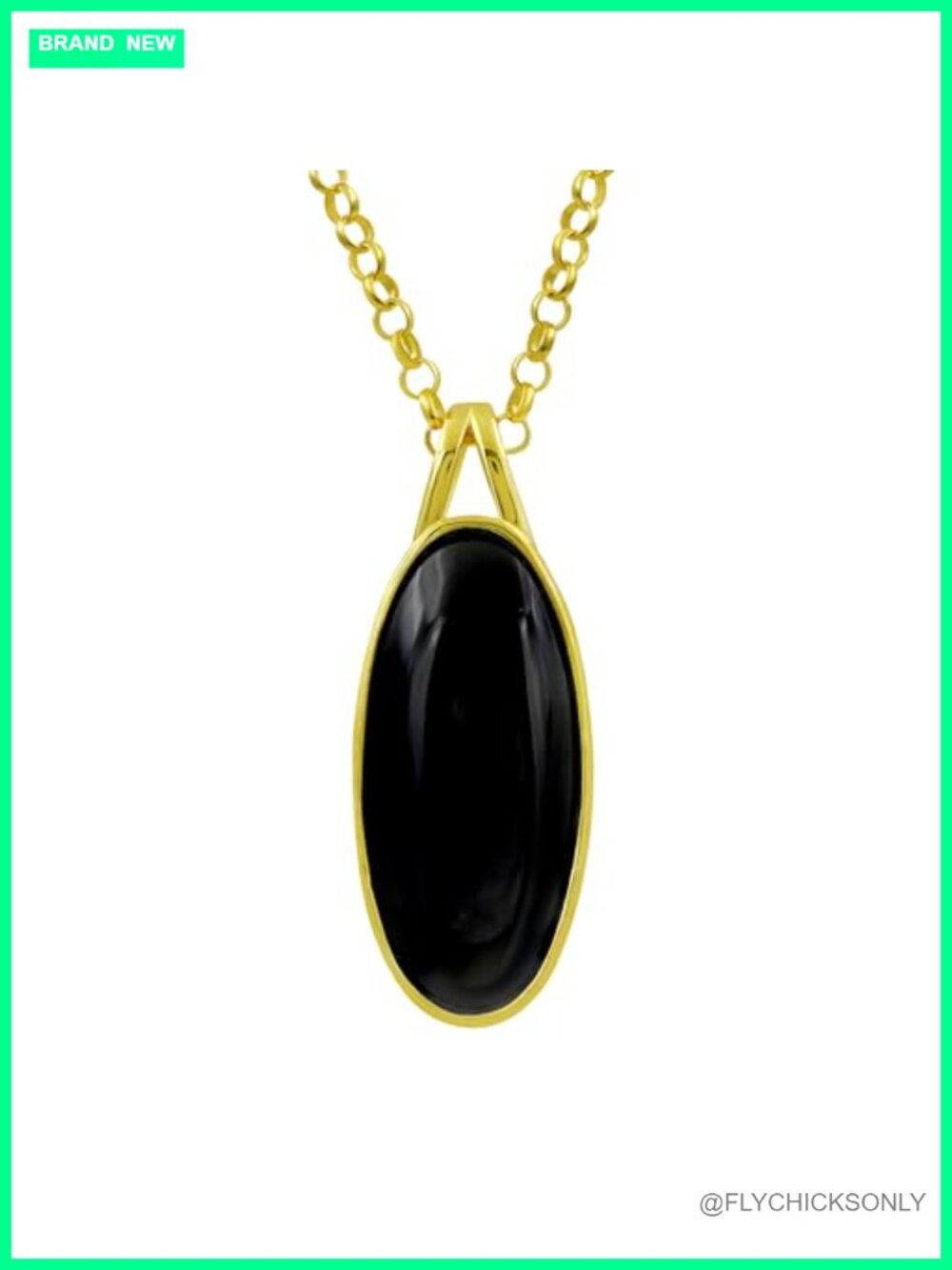 Gold Plated Solitaire Pendant Necklace with Natural Black Onyx 12x28mm Oval